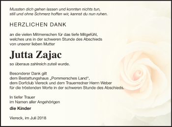 Traueranzeige von Jutta Zajac von Pasewalker Zeitung