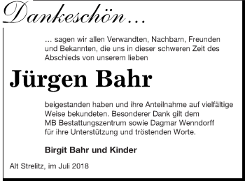 Traueranzeige von Jürgen Bahr von Strelitzer Zeitung