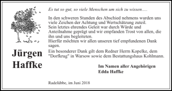 Traueranzeige von Jürgen Haffke von Hagenower Kreisblatt