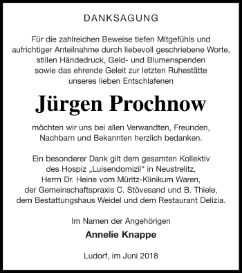 Traueranzeige von Jürgen Prochnow von Müritz-Zeitung