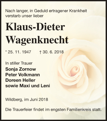 Traueranzeige von Klaus-Dieter Wagenknecht von Neubrandenburger Zeitung