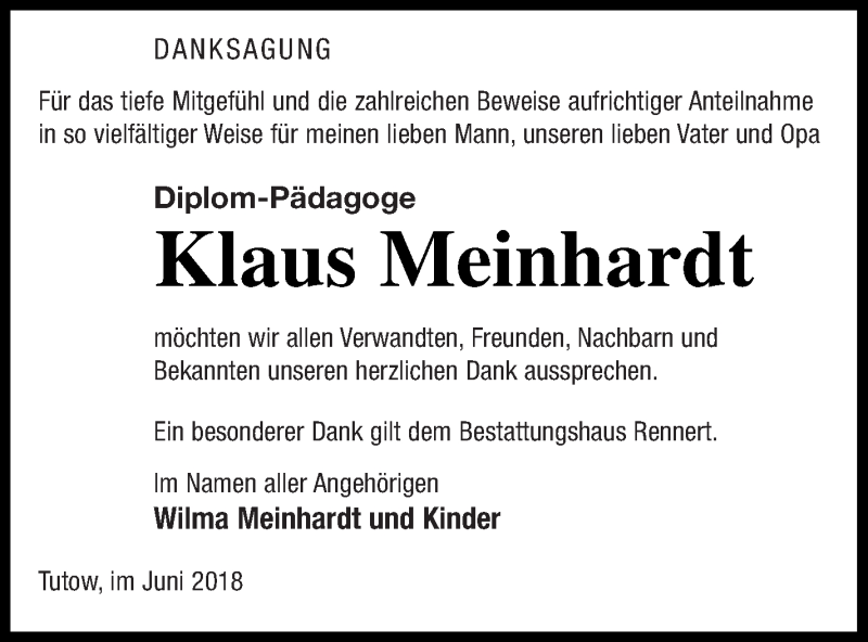  Traueranzeige für Klaus Meinhardt vom 03.07.2018 aus Vorpommern Kurier