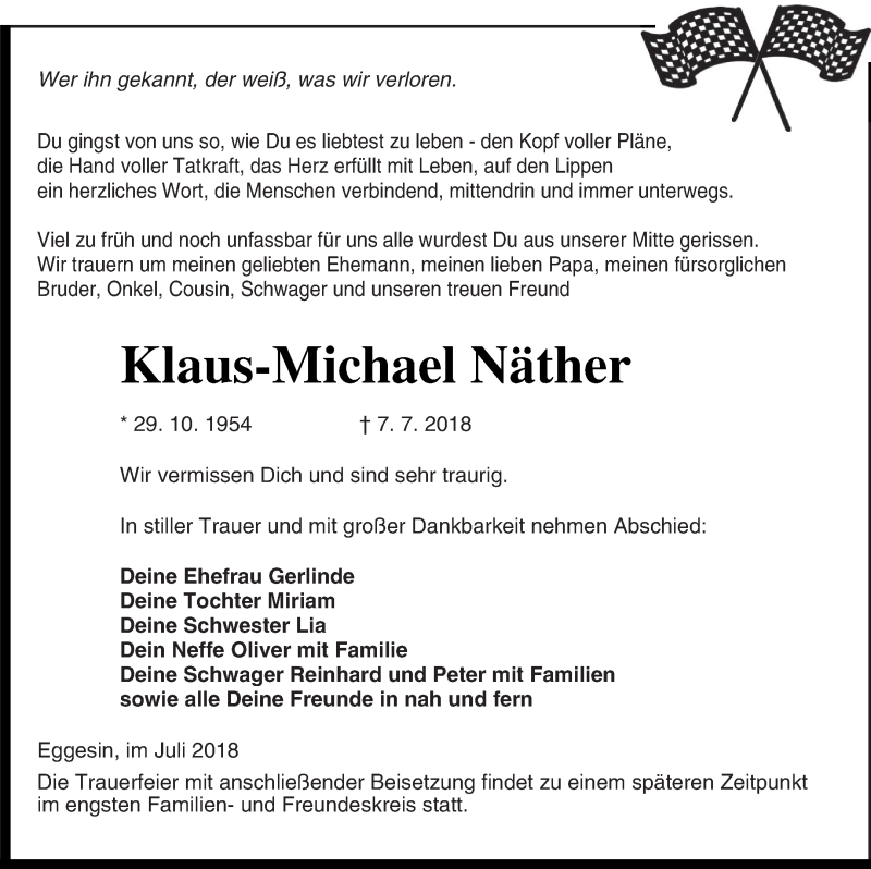  Traueranzeige für Klaus-Michael Näther vom 17.07.2018 aus Haff-Zeitung
