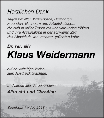 Traueranzeige von Klaus Weidermann von Neubrandenburger Zeitung