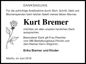 Traueranzeige von Kurt Bremer von Müritz-Zeitung