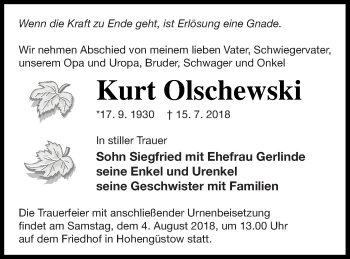 Traueranzeige von Kurt Olschewski von Prenzlauer Zeitung