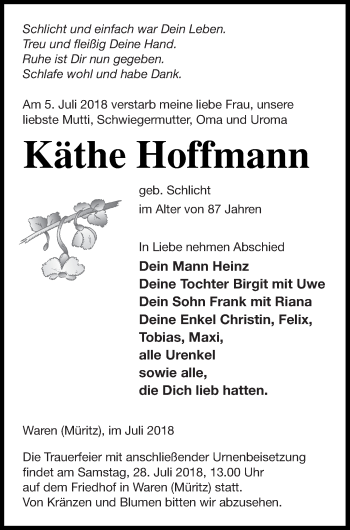 Traueranzeige von Käthe Hoffmann von Müritz-Zeitung