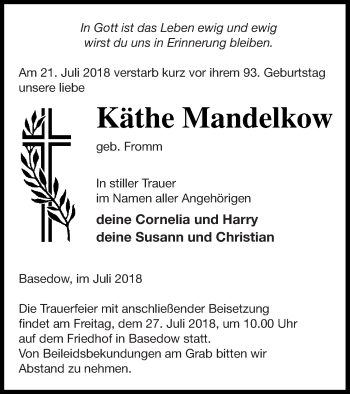 Traueranzeige von Käthe Mandelkow von Prenzlauer Zeitung