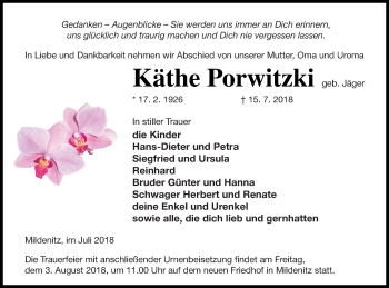 Traueranzeige von Käthe Porwitzki von Strelitzer Zeitung