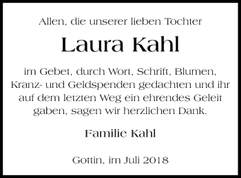 Traueranzeige von Laura Kahl von Mecklenburger Schweiz