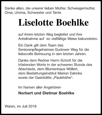 Traueranzeige von Liselotte Boehlke von Müritz-Zeitung