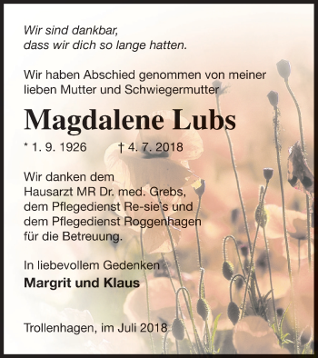 Traueranzeige von Magdalene Lubs von Neubrandenburger Zeitung