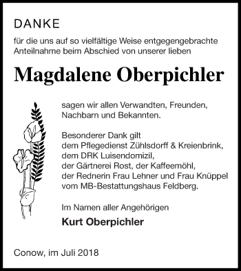 Traueranzeige von Magdalene Oberpichler von Strelitzer Zeitung