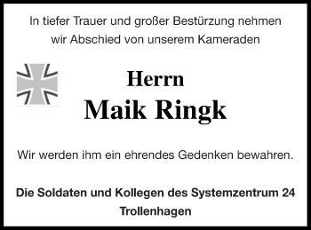 Traueranzeige von Maik Ringk von Neubrandenburger Zeitung