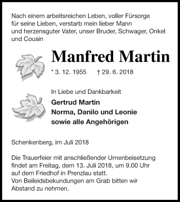 Traueranzeige von Manfred Martin von Prenzlauer Zeitung