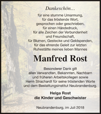 Traueranzeige von Manfred Rost von Neubrandenburger Zeitung