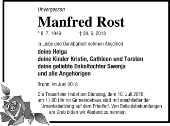 Traueranzeige von Manfred Rost von Neubrandenburger Zeitung