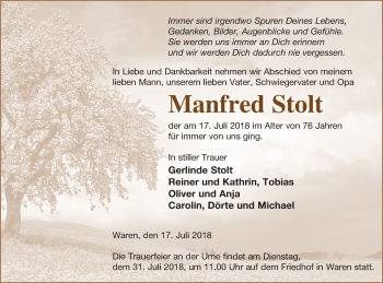 Traueranzeige von Manfred Stolt von Müritz-Zeitung