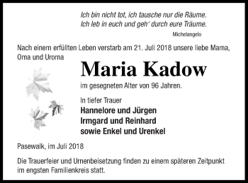 Traueranzeige von Maria Kadow von Haff-Zeitung