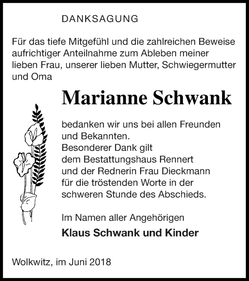 Traueranzeige für Marianne Schwank vom 04.07.2018 aus Demminer Zeitung