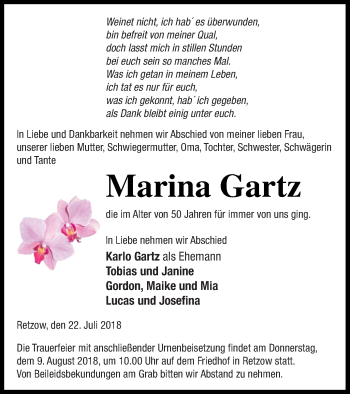 Traueranzeige von Marina Gartz von Mecklenburger Schweiz