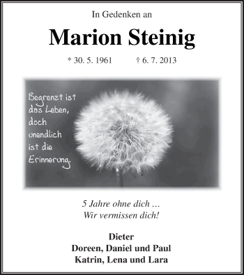 Traueranzeige von Marion Steinig von Vorpommern Kurier