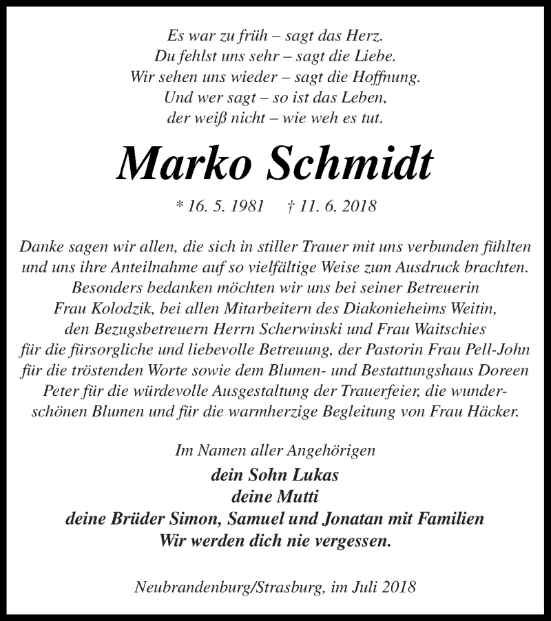  Traueranzeige für Marko Schmidt vom 21.07.2018 aus Neubrandenburger Zeitung