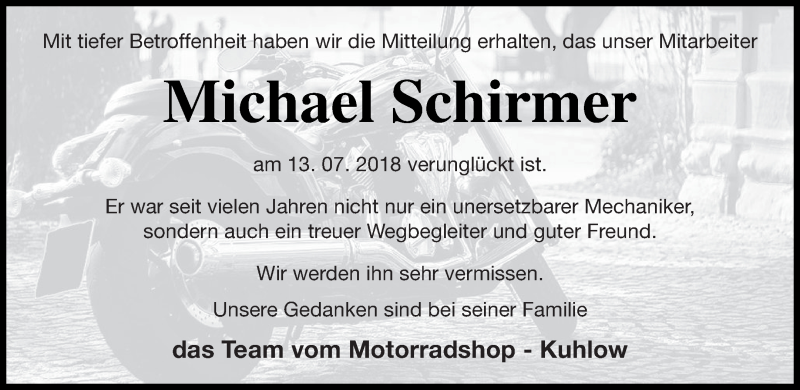  Traueranzeige für Michael Schirmer vom 28.07.2018 aus Strelitzer Zeitung