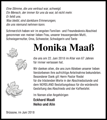 Traueranzeige von Monika Maaß von Prenzlauer Zeitung