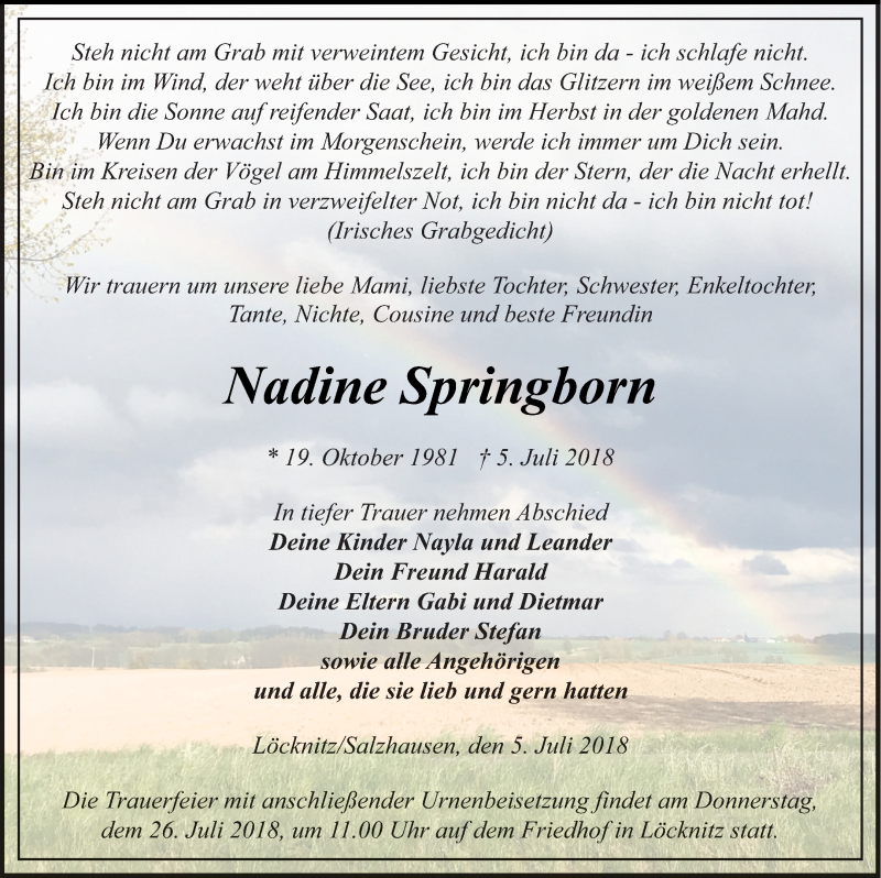  Traueranzeige für Nadine Springborn vom 21.07.2018 aus Pasewalker Zeitung