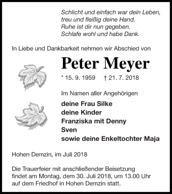 Traueranzeige von Peter Meyer von Mecklenburger Schweiz