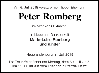 Traueranzeige von Peter Romberg von Neubrandenburger Zeitung