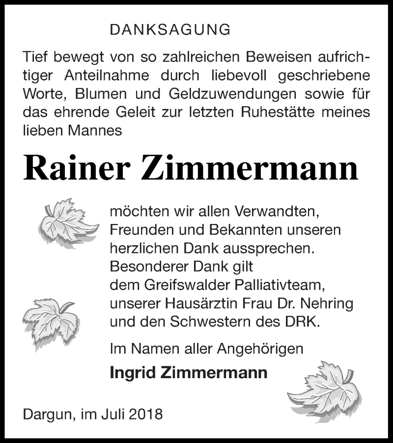  Traueranzeige für Rainer Zimmermann vom 27.07.2018 aus Mecklenburger Schweiz