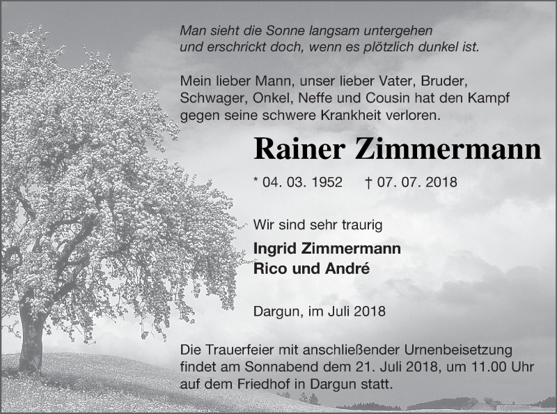  Traueranzeige für Rainer Zimmermann vom 13.07.2018 aus Mecklenburger Schweiz