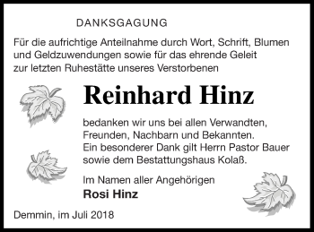 Traueranzeige von Reinhard Hinz von Demminer Zeitung