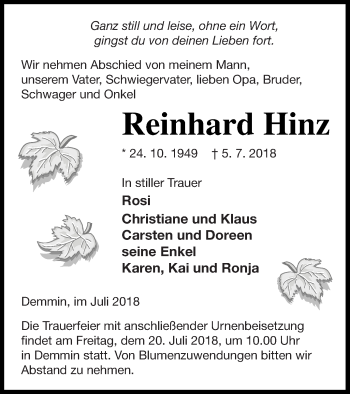 Traueranzeige von Reinhard Hinz von Demminer Zeitung