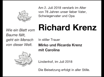 Traueranzeige von Richard Krenz von Demminer Zeitung