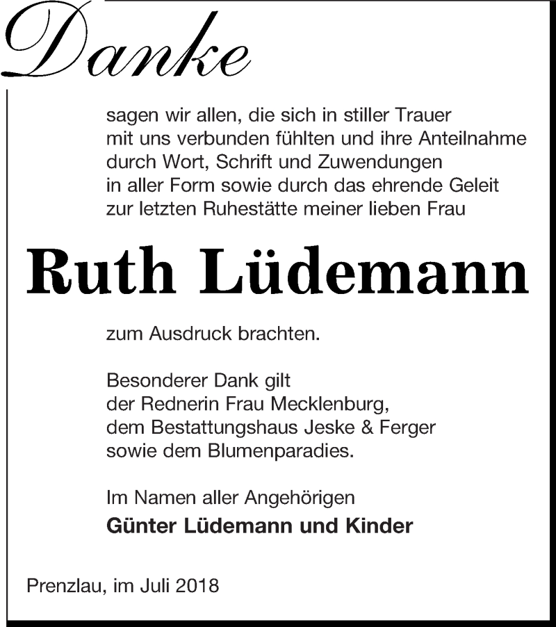  Traueranzeige für Ruth Lüdemann vom 06.07.2018 aus Prenzlauer Zeitung