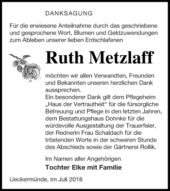 Traueranzeige von Ruth Metzlaff von Haff-Zeitung