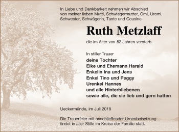 Traueranzeige von Ruth Metzlaff von Haff-Zeitung