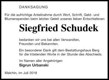 Traueranzeige von Siegfried Schudek von Mecklenburger Schweiz