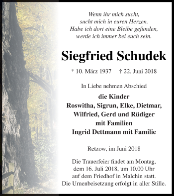 Traueranzeige von Siegfried Schudek von Mecklenburger Schweiz