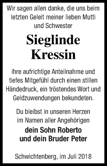 Traueranzeige von Sieglinde Kressin von Neubrandenburger Zeitung