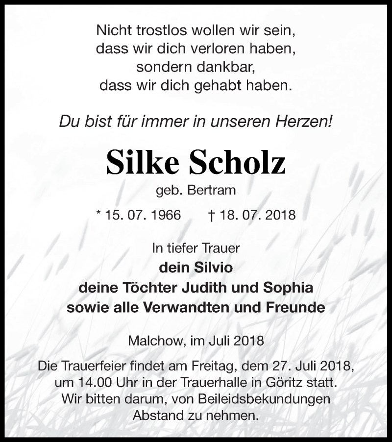  Traueranzeige für Silke Scholz vom 24.07.2018 aus Pasewalker Zeitung