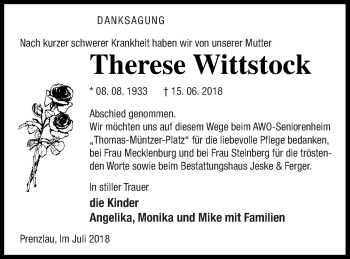 Traueranzeige von Therese Wittstock von Prenzlauer Zeitung