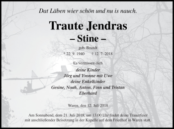Traueranzeige von Traute Jendras von Müritz-Zeitung