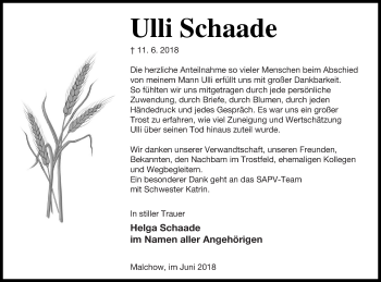 Traueranzeige von Ulli Schaade von Müritz-Zeitung