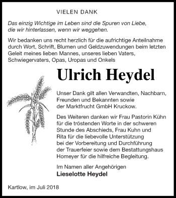 Traueranzeige von Ulrich Heydel von Vorpommern Kurier