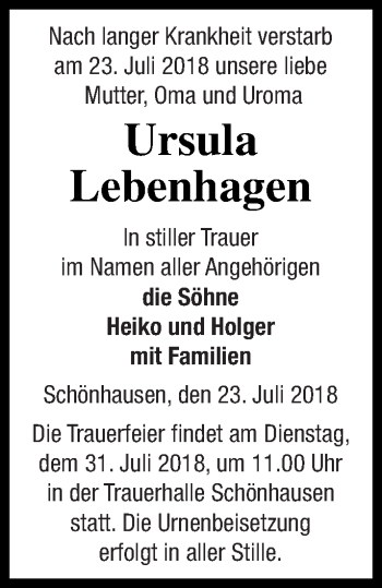 Traueranzeige von Ursula Lebenhagen von Pasewalker Zeitung