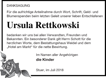 Traueranzeige von Ursula Rettkowski von Müritz-Zeitung